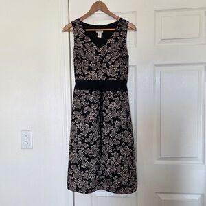 LOFT Black Sleeveless V-Neck Midi Dress with Cream Floral Print